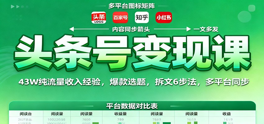 头条号变现课:43W纯流量收入经验,爆款选题,拆文6步法,多平台同步-缔富岛
