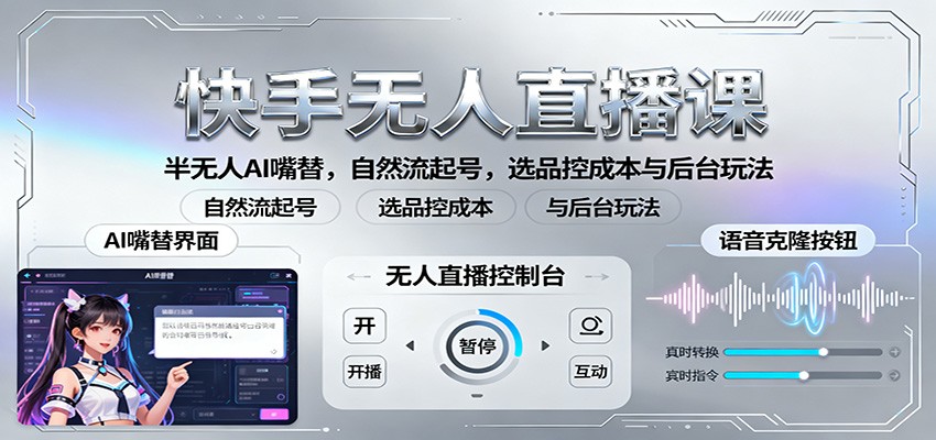 快手无人直播课：半无人AI嘴替，自然流起号，选品控成本与后台玩法-缔富岛