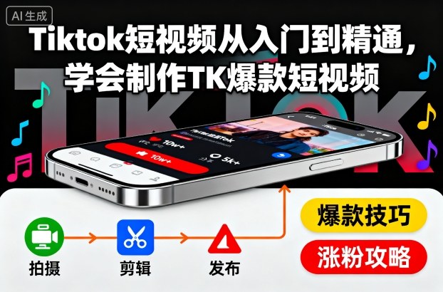 Tiktok短视频从入门到精通,学会制作TK爆款短视频-缔富岛