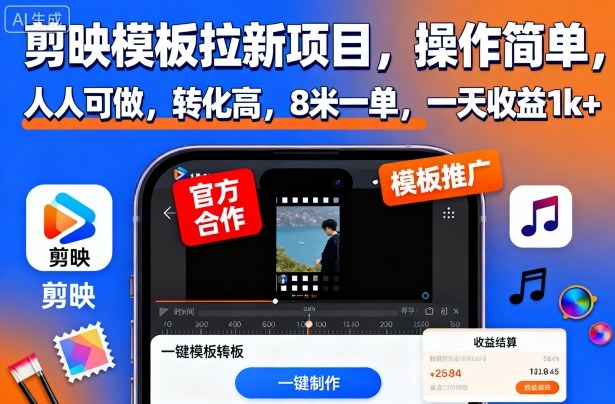 剪映模板拉新项目,操作简单,人人可做,转化高,8米一单,一天收益1k+-缔富岛