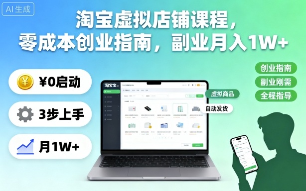 淘宝虚拟店铺课程,零成本创业指南,副业月入1W+-缔富岛