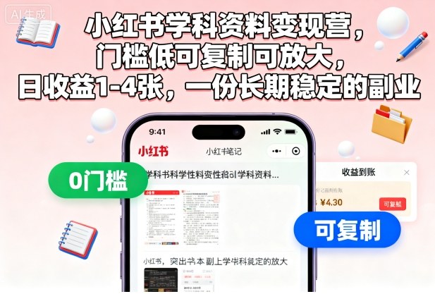 小红书学科资料变现营,门槛低可复制可放大,日收益1-4张,一份长期稳定的副业-缔富岛